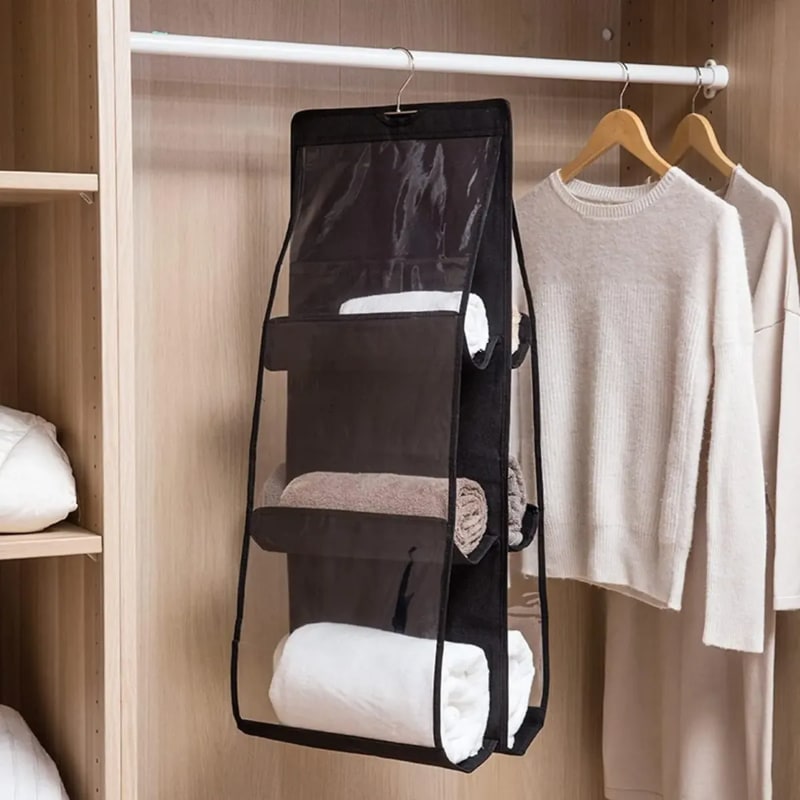 Organizador colgante de placard negro 6 bolsillos ropa y calzado