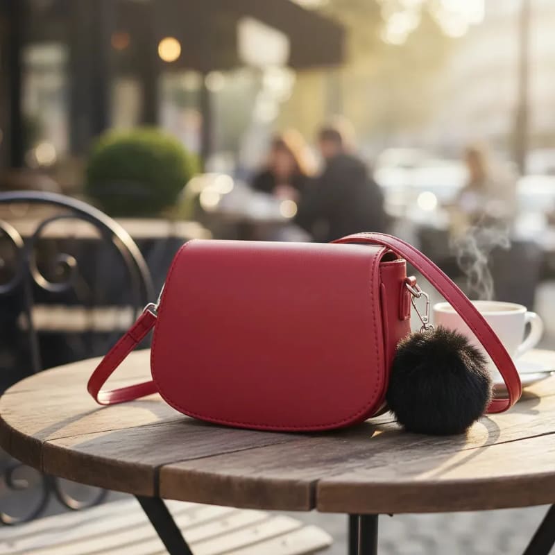 Mini Bag Bandolera Bordó Cuero Sintético Pompón Elegante