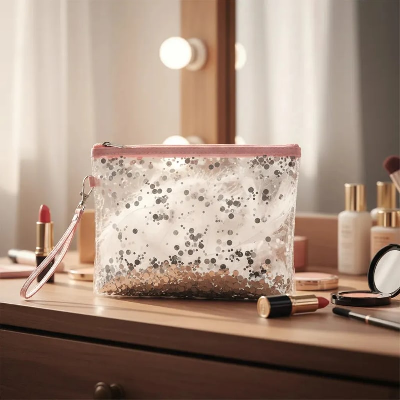 Cartera Sobre Mujer Transparente con Lentejuelas Plateadas Rosa