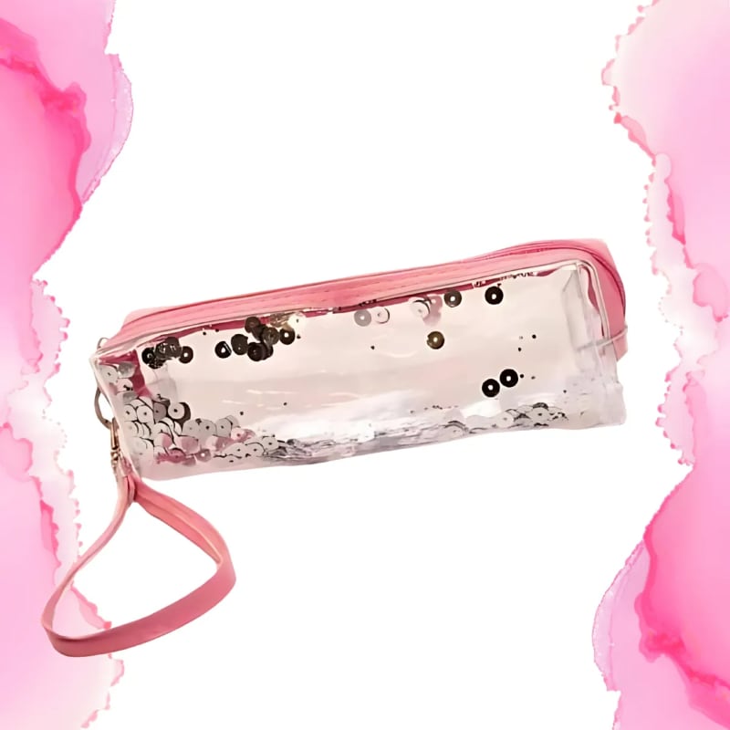 Portacosméticos transparente lentejuelas corazones, con correa rosa
