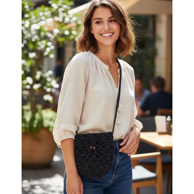 Bandolera Tejida Mujer Negra Crochet Estilo Playa Verano Chic
