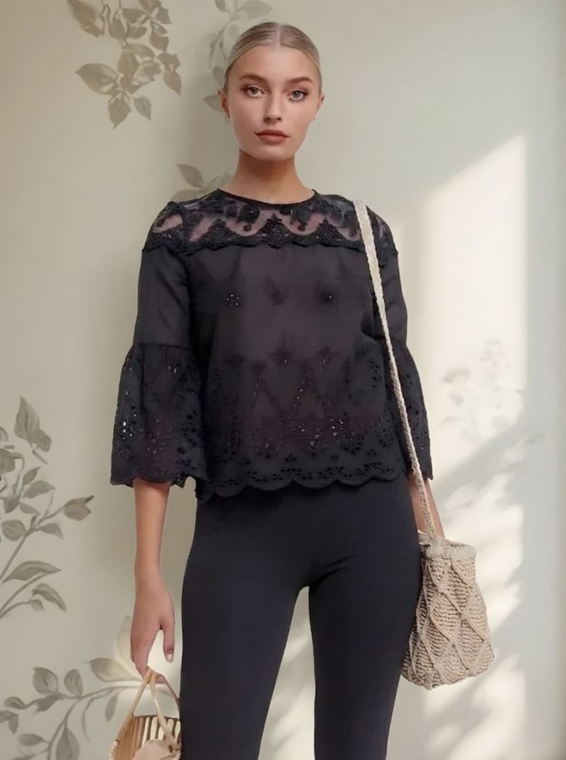 Camisa Blusa Broderie Mujer Manga 3/4 Romántica. Ideal primavera verano