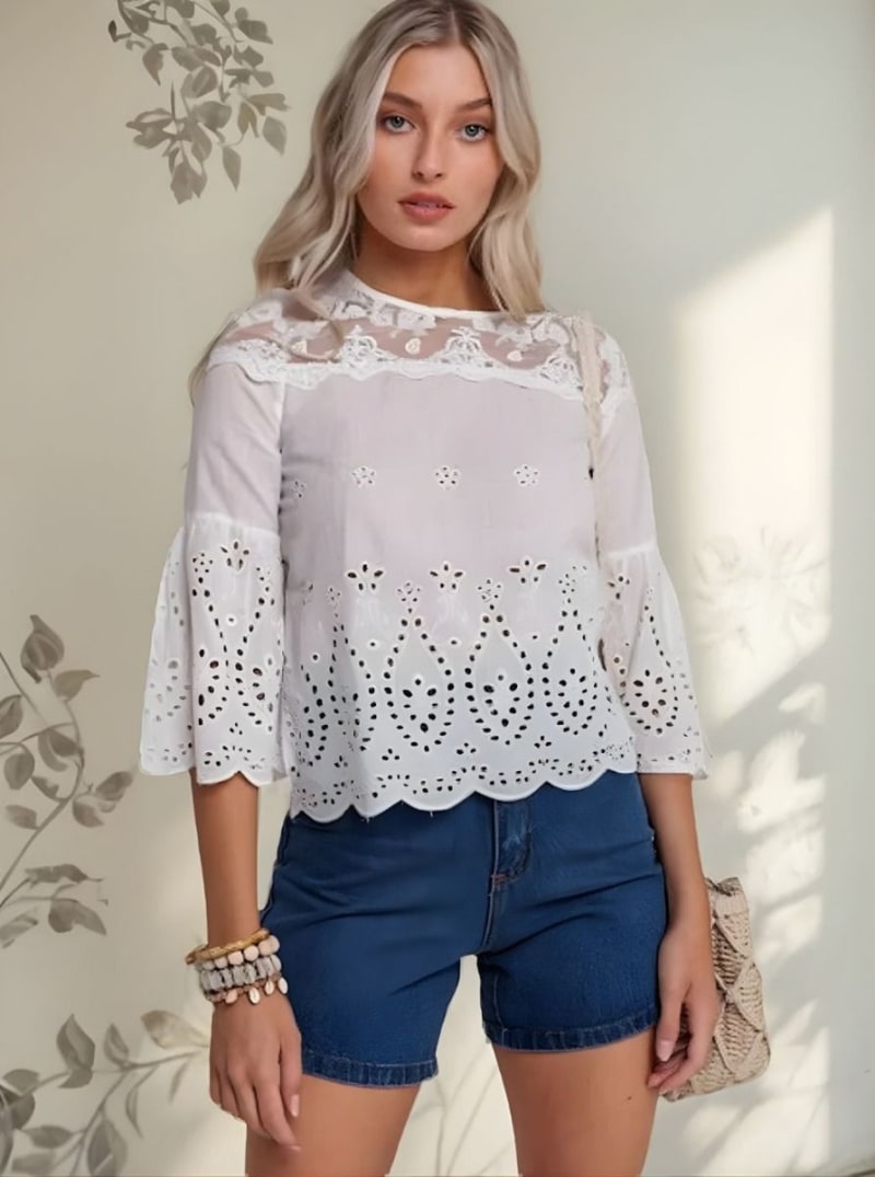 Blusa Broderie y Tul Importada Manga 3/4 Mujer - Estilo Único