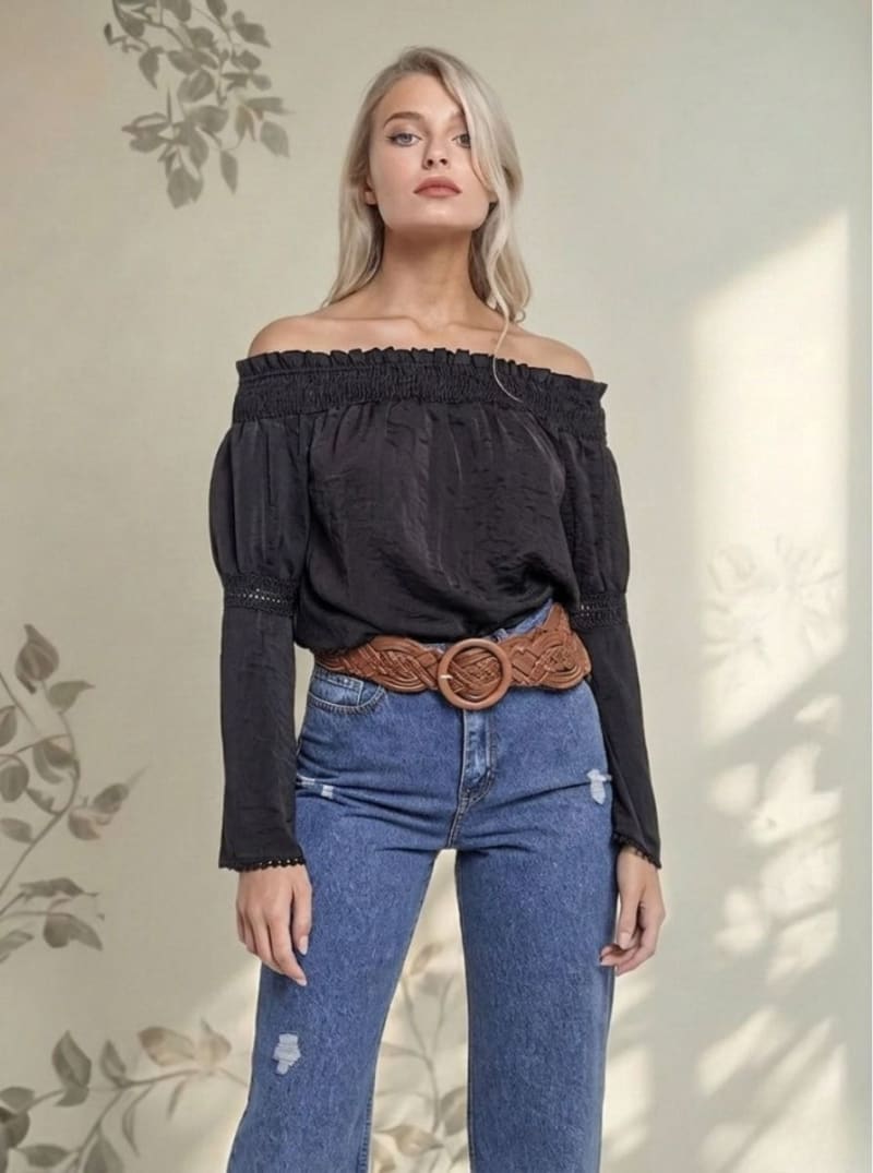 Blusa Off Shoulder Negra Mujer Manga Larga Estilo Chic Brigitte