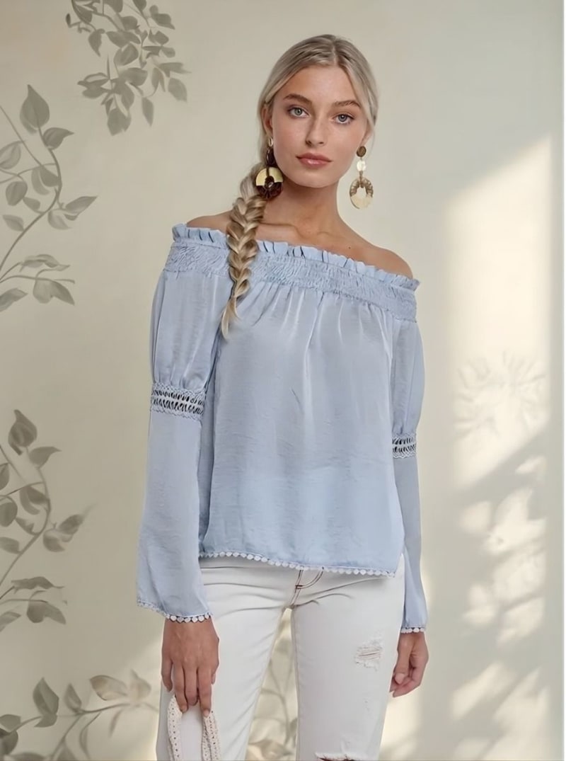 Blusa Manga Larga Semi Oxford Celeste Mujer Hombros Descubiertos: Estilo Chic