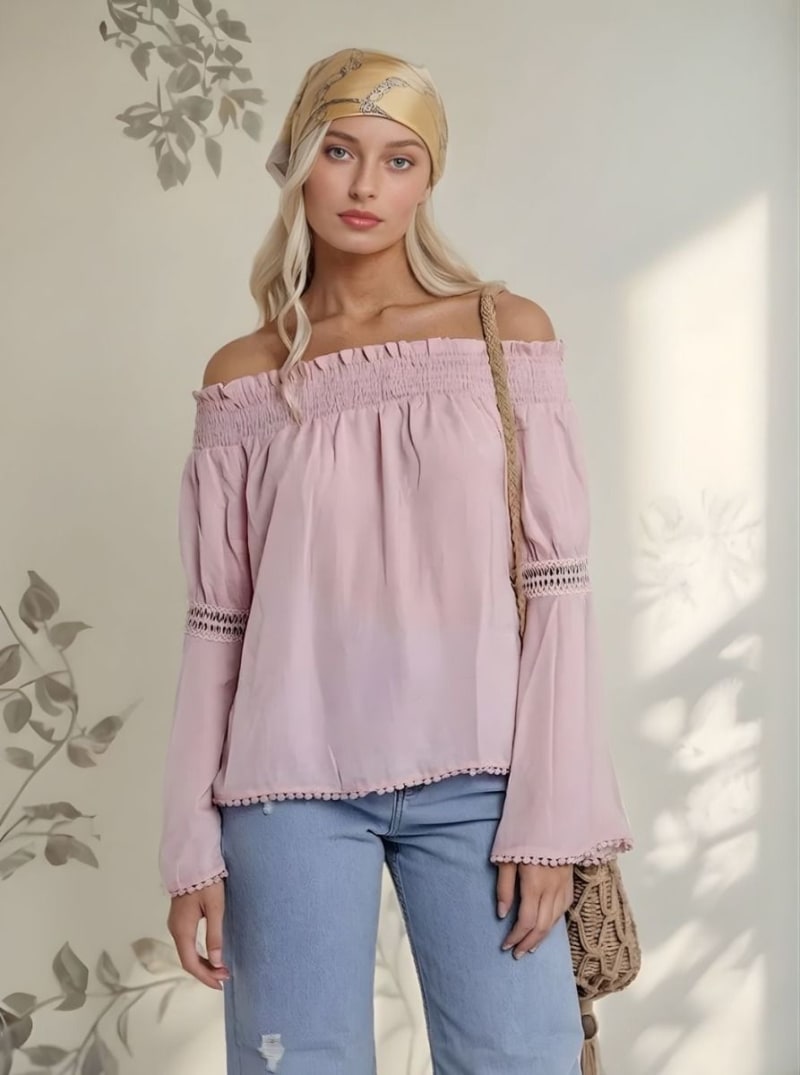 Blusa Off Shoulder Mujer Rosa Manga Larga. Versátil y Chic