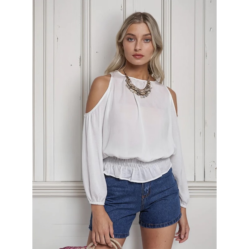 Blusa Manga Larga Blanca Satén Hombros Descubiertos Estilo Chic