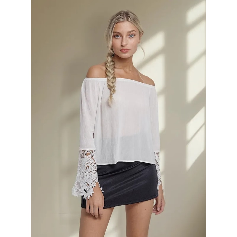 Blusa Blanca Bambula Hombros Caídos Acampanada, look versátil