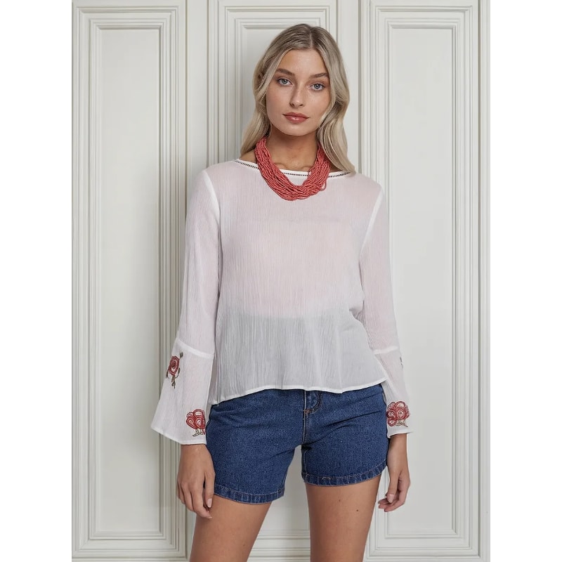 Blusa Manga Larga Blanca Viscosa Bambula Bordada Femenina