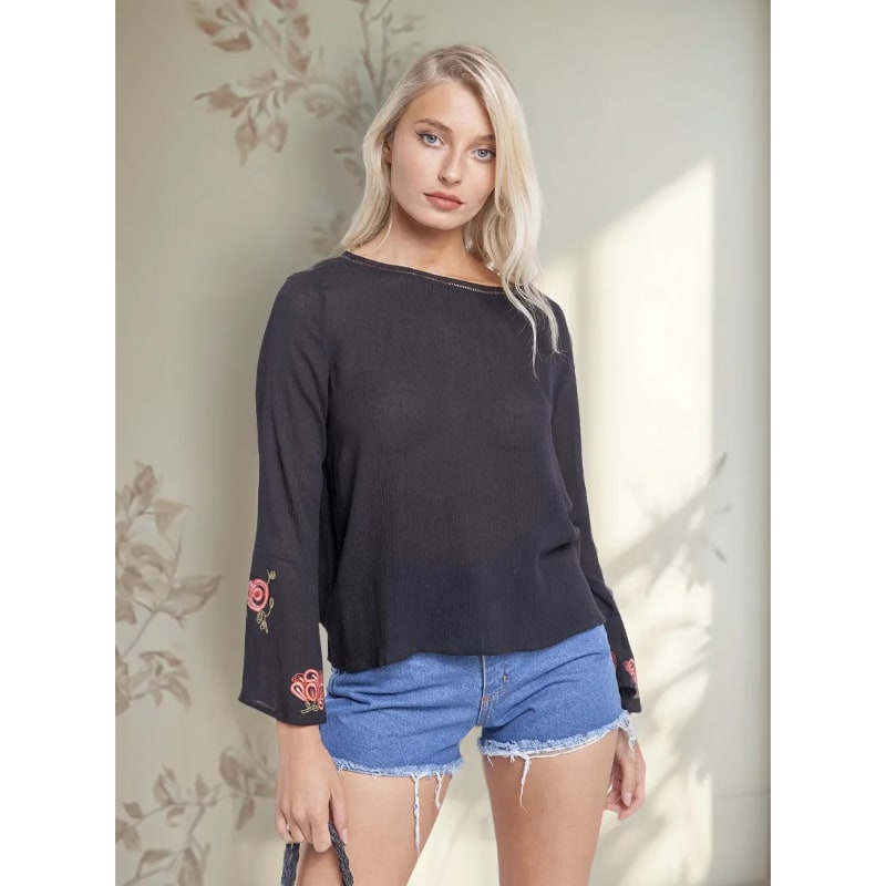 Blusa Bambula Bordada Negra Manga Larga - Cómoda y Versátil