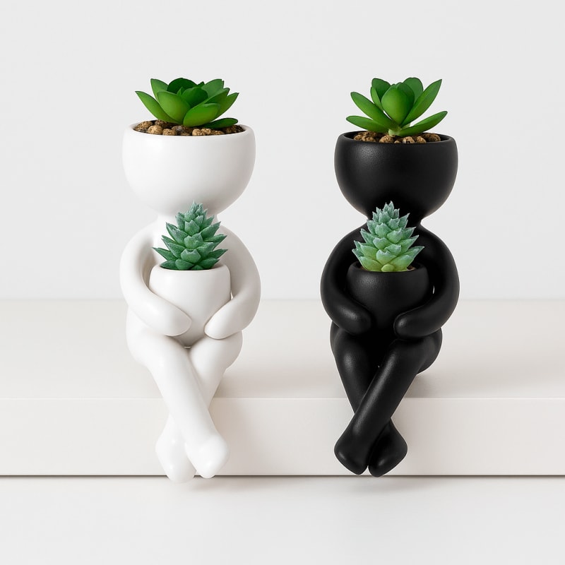 Maceta Doble Hombrecitos Decorativa, Blanco o Negro, para tu Hogar