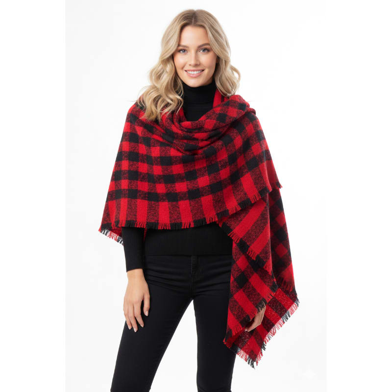 Mantón Poncho Bufanda Rojo y Negro para Invierno - Abrigo con Estilo
