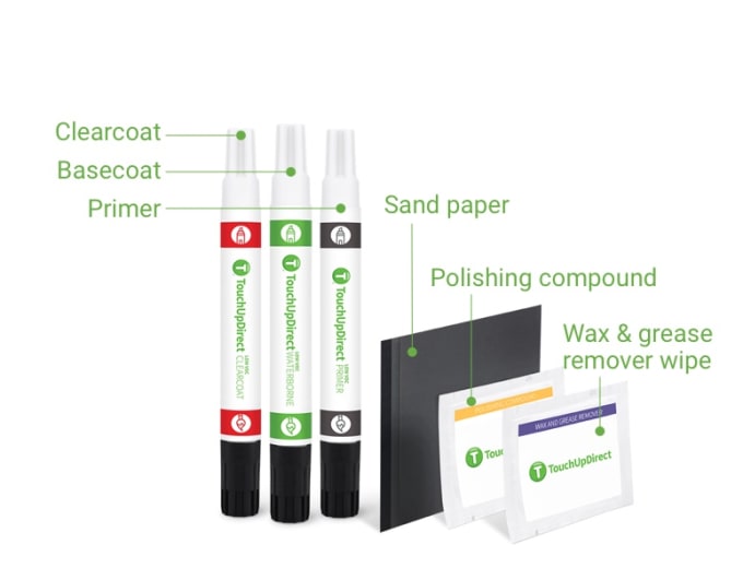 tesla Touch Up Paint Tools including Polishing compound, sand paper, clearcoat, basecoat, primer and wax and grease remover wipe tesla Touch Up Paint Tools including Polishing compound, sand paper, clearcoat, basecoat, primer and wax and grease remover wipe