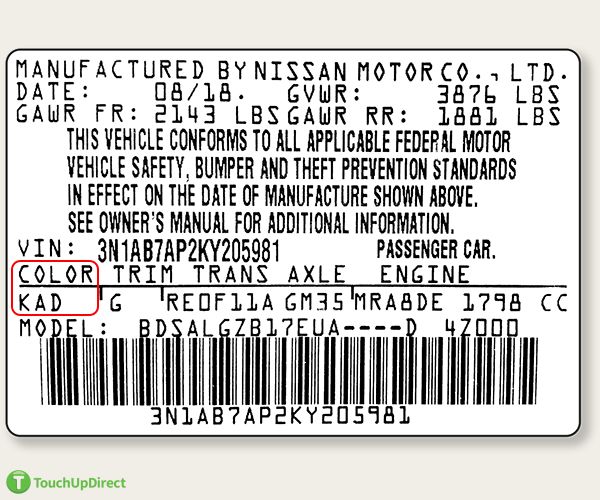 Nissan Touch Up Paint  Color Codes & Paint Code Location  TouchUpDirect