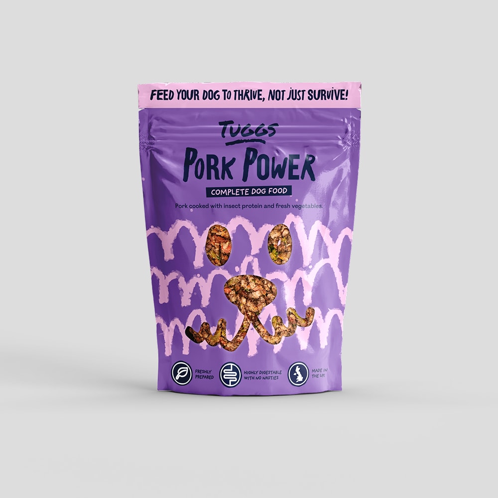 Pouch of Pork Power against a grey background
