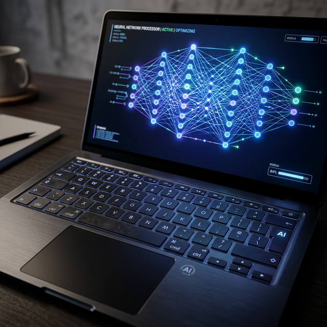 Close-up of a futuristic AI laptop's keyboard and screen displaying a neural network graphic.