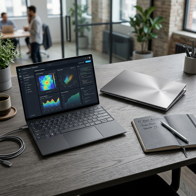 Two AI laptops on a desk, one open with data visualization, representing professional use.