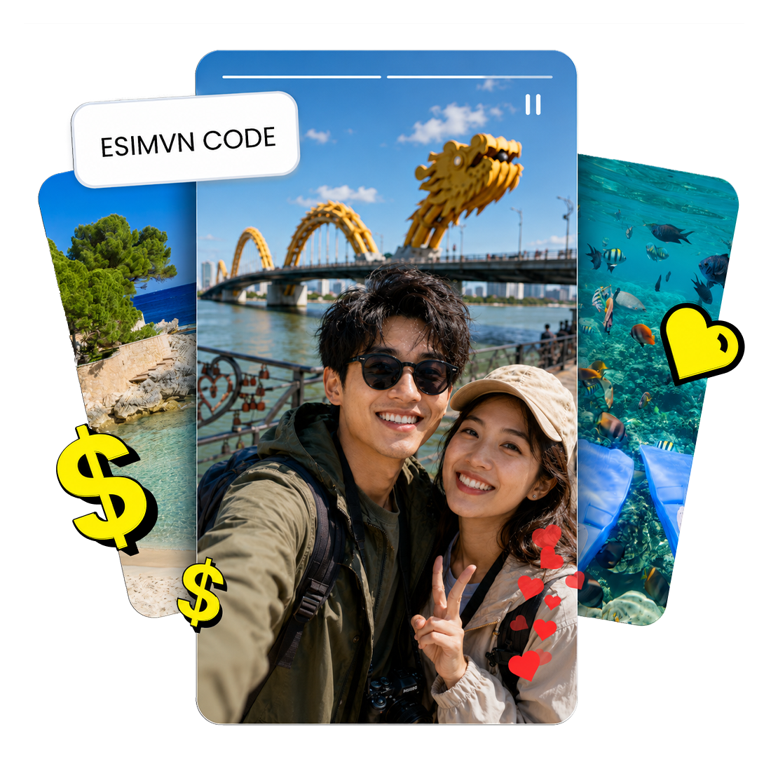 Điện thoại hiển thị ứng dụng eSIM esim.vn và các điểm đến được hỗ trợ, trong khi một chiếc máy bay bay trên bầu trời xanh.