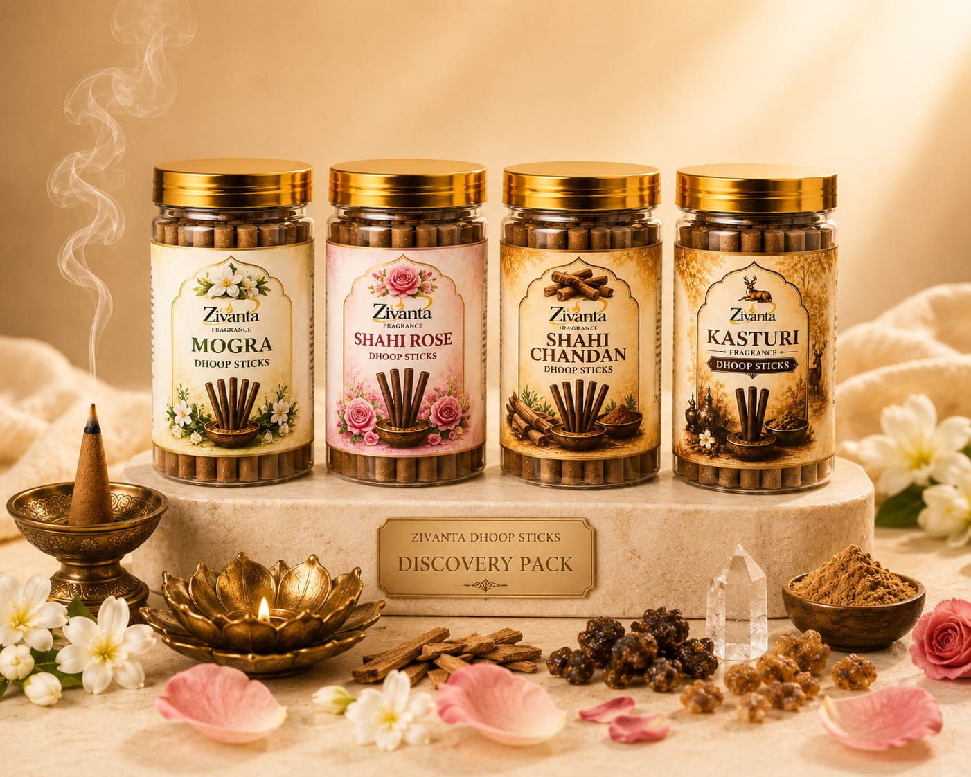 Zivanta Discovery Pack – 4 Bambooless Dhoop Fragrances, Best Incense Gift Set India