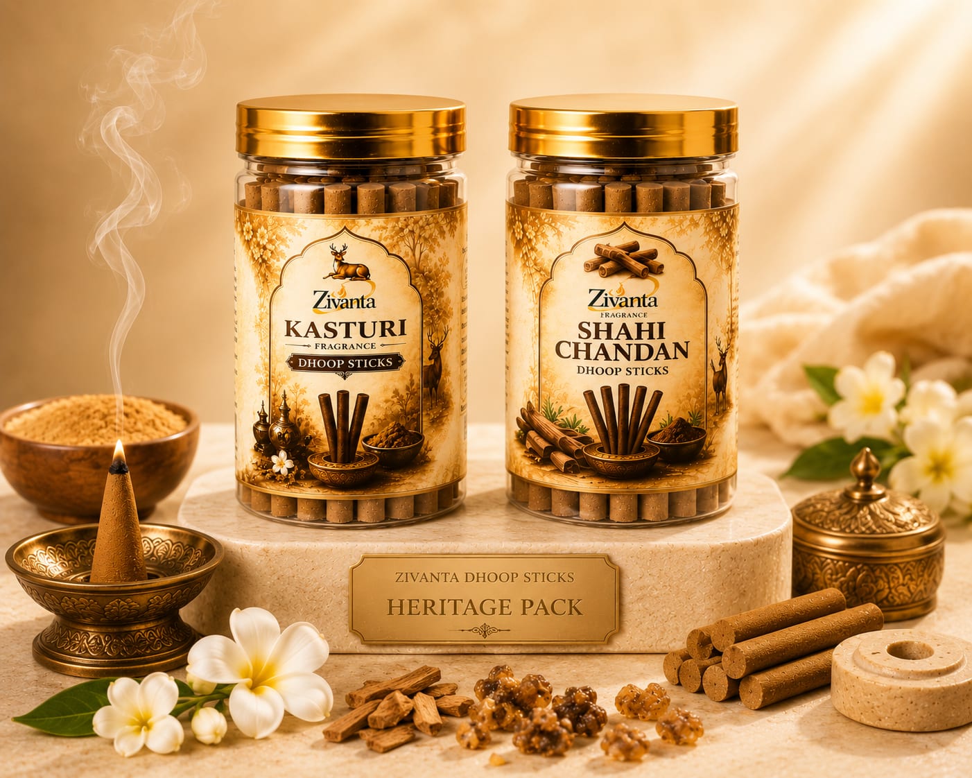 Zivanta Heritage Pack – Kasturi & Shahi Chandan Bambooless Dhoop Gift Set India