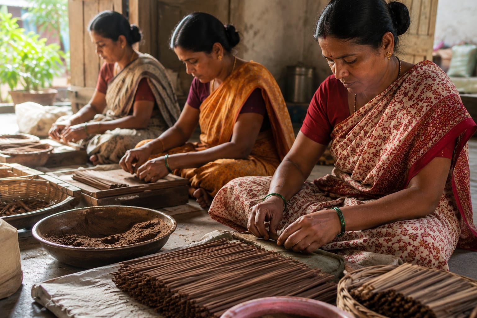 Women artisans handcrafting Zivanta dhoop sticks in Jharkhand India