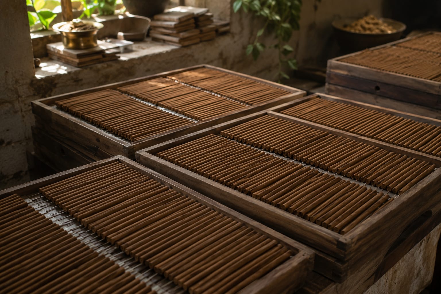 Freshly made Zivanta dhoop sticks drying on wooden trays in Jharkhand
