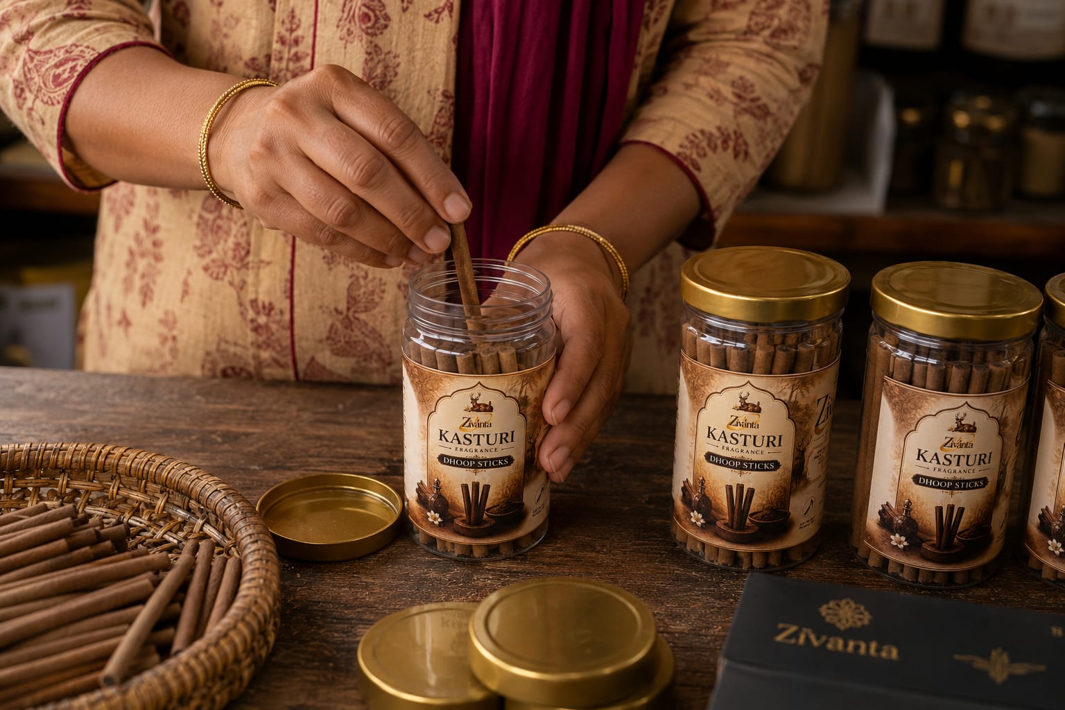 Filling premium Zivanta dhoop stick jars by hand