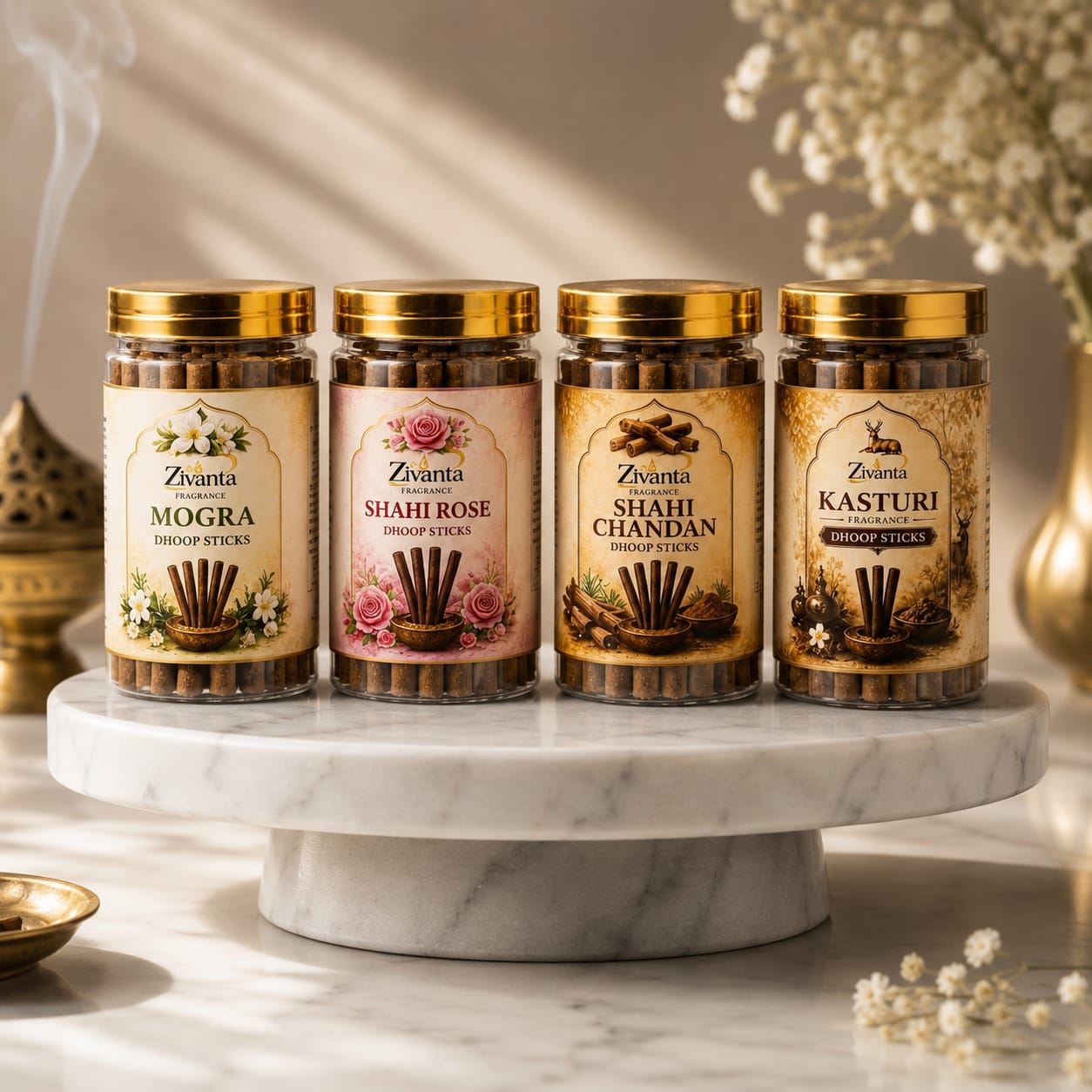 Finished Zivanta dhoop sticks jars on marble pedestal