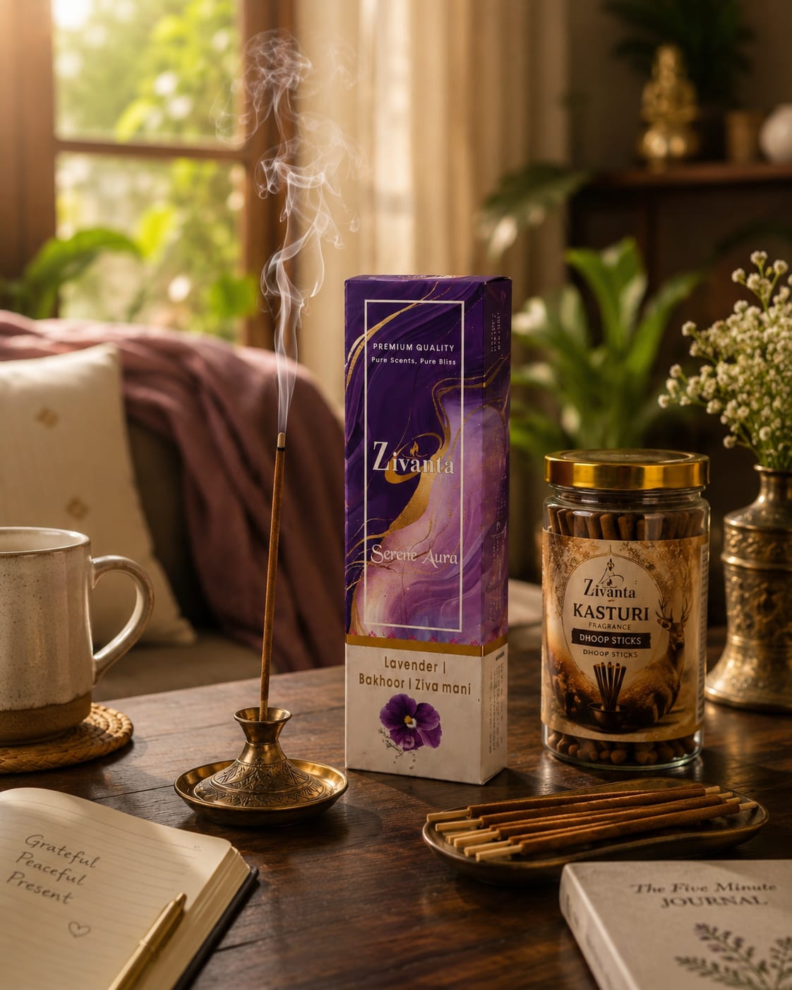 Zivanta dhoop sticks in a peaceful morning home