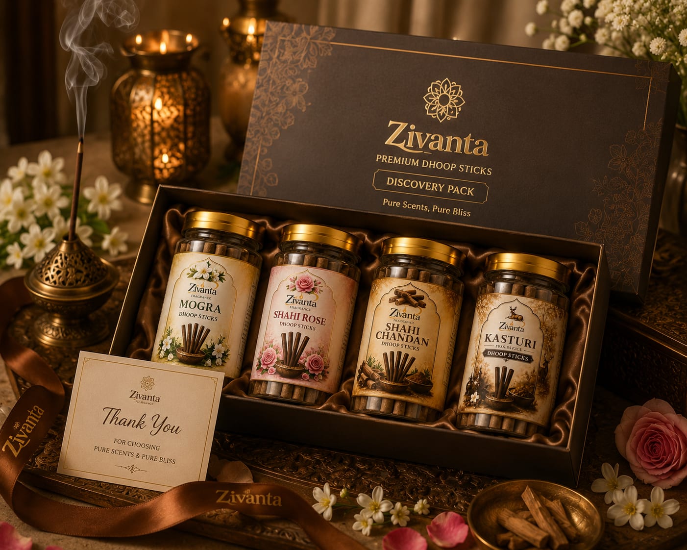 Zivanta Discovery Pack elegant gift box — premium dhoop sticks gifting India