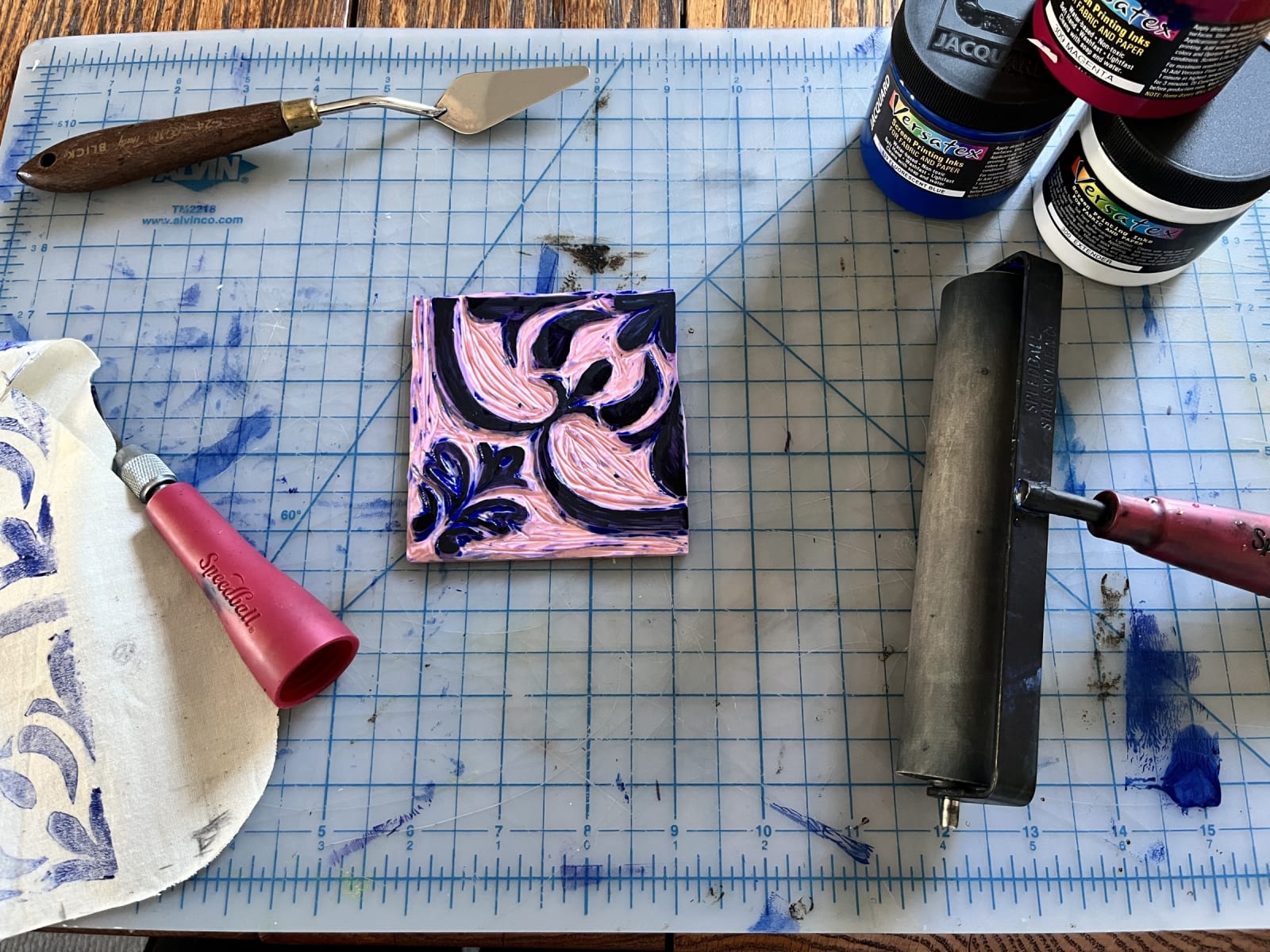 Carving the linoleum block