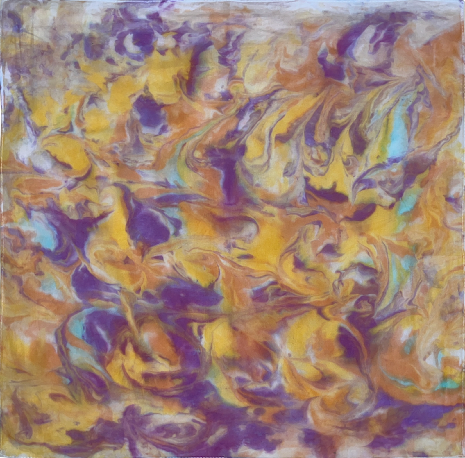 Marbled fabric — violet, gold, and orange swirls