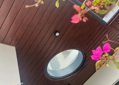 Tấm ốp tường hợp kim nhôm: Một sự lựa chọn hoàn hảo cho công trình của bạn Trần màu nâu bố trí quanh khoảng lấy sáng tròn