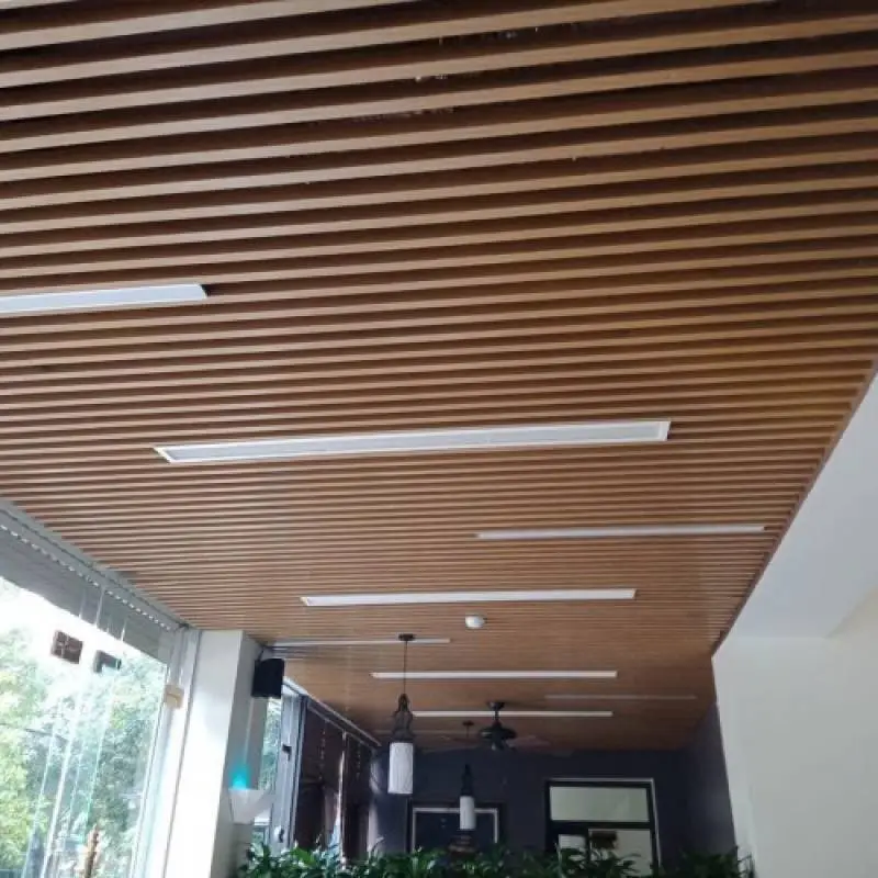 Tấm ốp tường hợp kim nhôm: Một sự lựa chọn hoàn hảo cho công trình của bạn Hành lang với hệ lam trần màu nâu và đèn dài