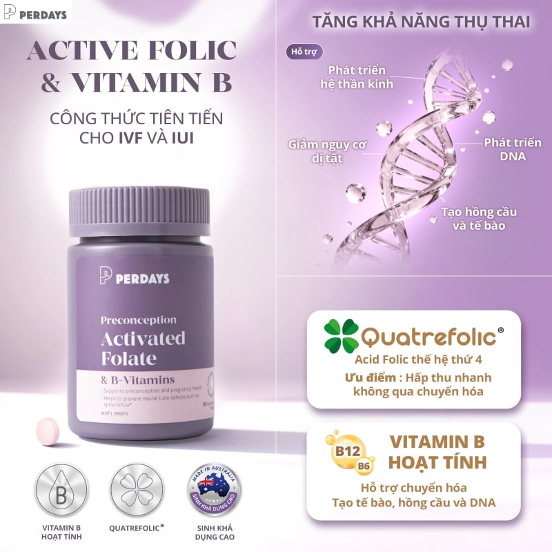Acid Folic Cho Bà Bầu Perdays Preconception Activated Folate & B-Vitamins – Lọ 60 Viên - ảnh 7