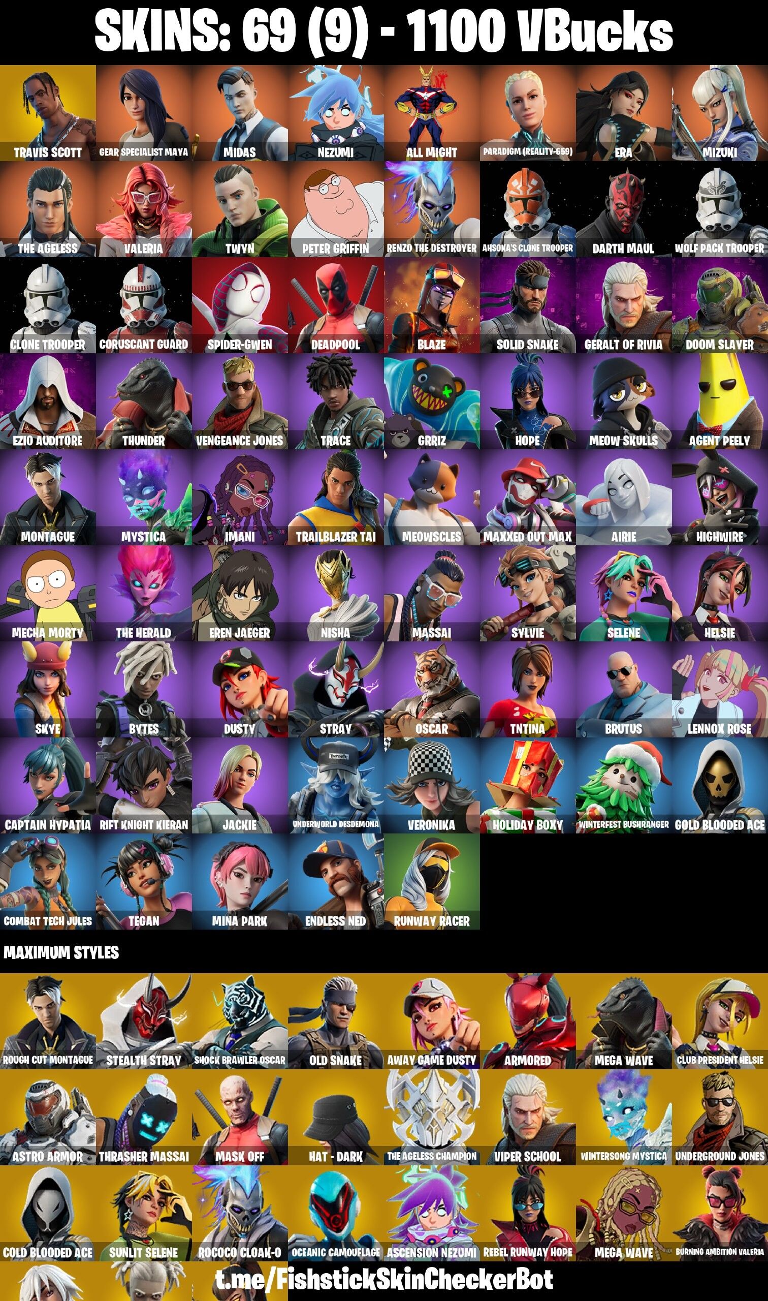 Fortnite Account ( PLAYSTATION / XBOX / PC / NINTENDO / MOBILE ) (Travis Scott, Gear Specialist Maya, Midas, Nezumi, All Might, Paradigm (Reality-659), Era, Mizuki, The Ageless, Valeria, Twyn, Peter Griffin, Renzo the Destroyer, Ahsoka’s Clone Trooper, Darth Maul, Wolf Pack Trooper) (69 Skins)