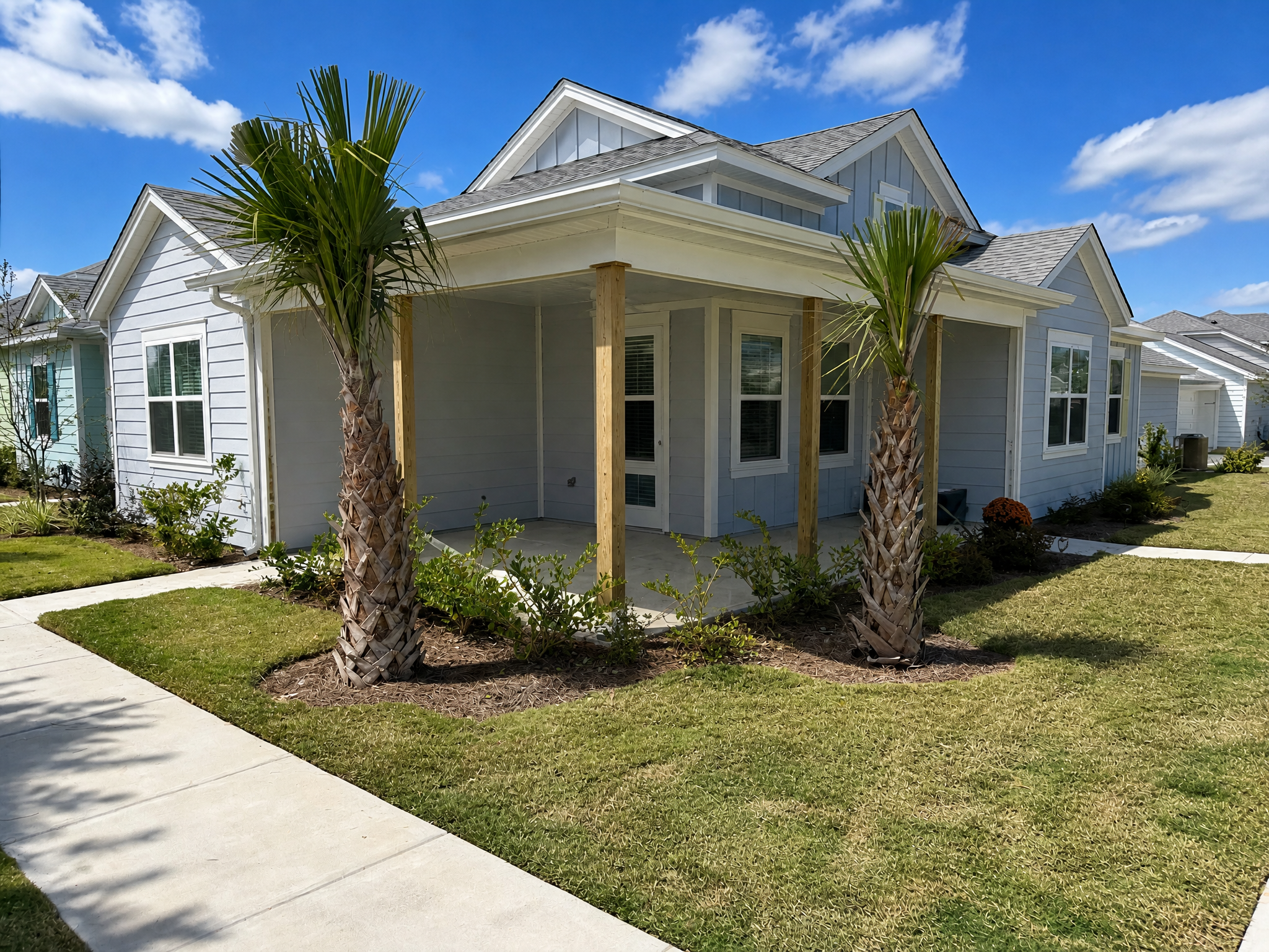 A newly constructed home featuring palm trees and a well-maintained lawn in South Carolina before screen enclosure.