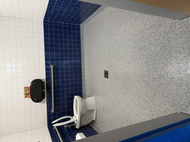 Commercial bathroom flooring with blue tile accents.
