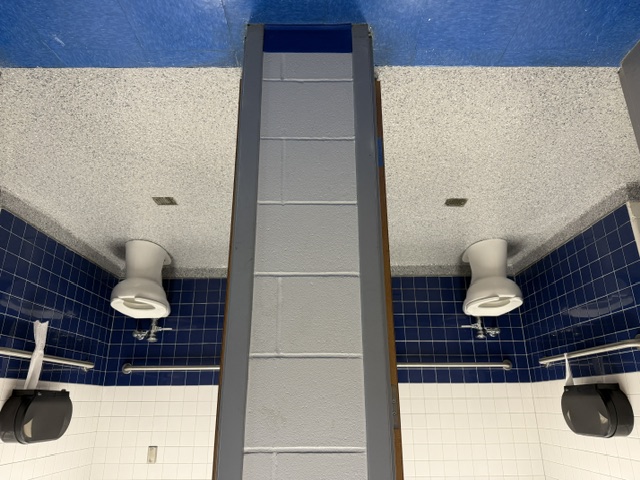 A gray flake flooring in a commercial bathroom with blue tiled walls and a white toilet in South Carolina.