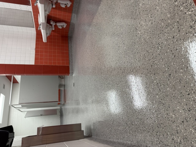 Polished flake floor in a commercial bathroom with clean modern stalls.