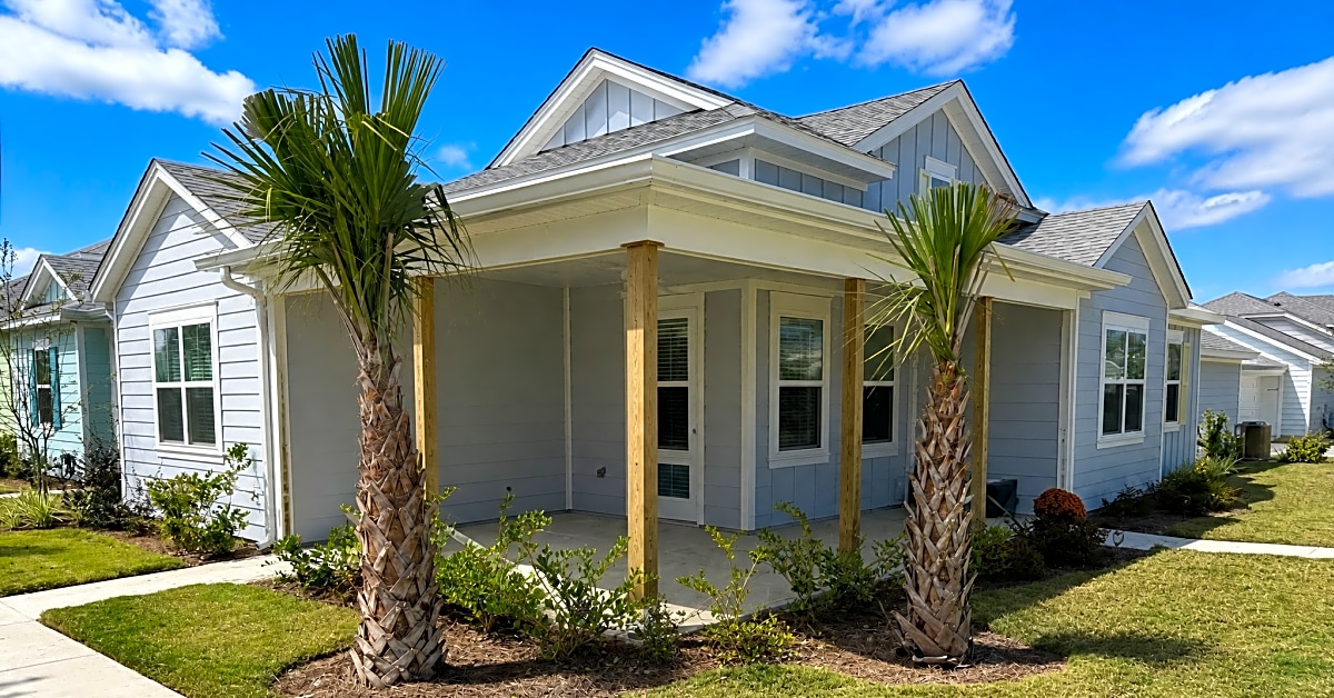 A newly constructed home featuring palm trees and a well-maintained lawn in South Carolina.