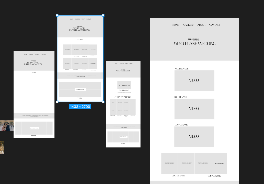 Figma prototype mockup representing the Paperplane Wedding Studio website wireframes and complete design