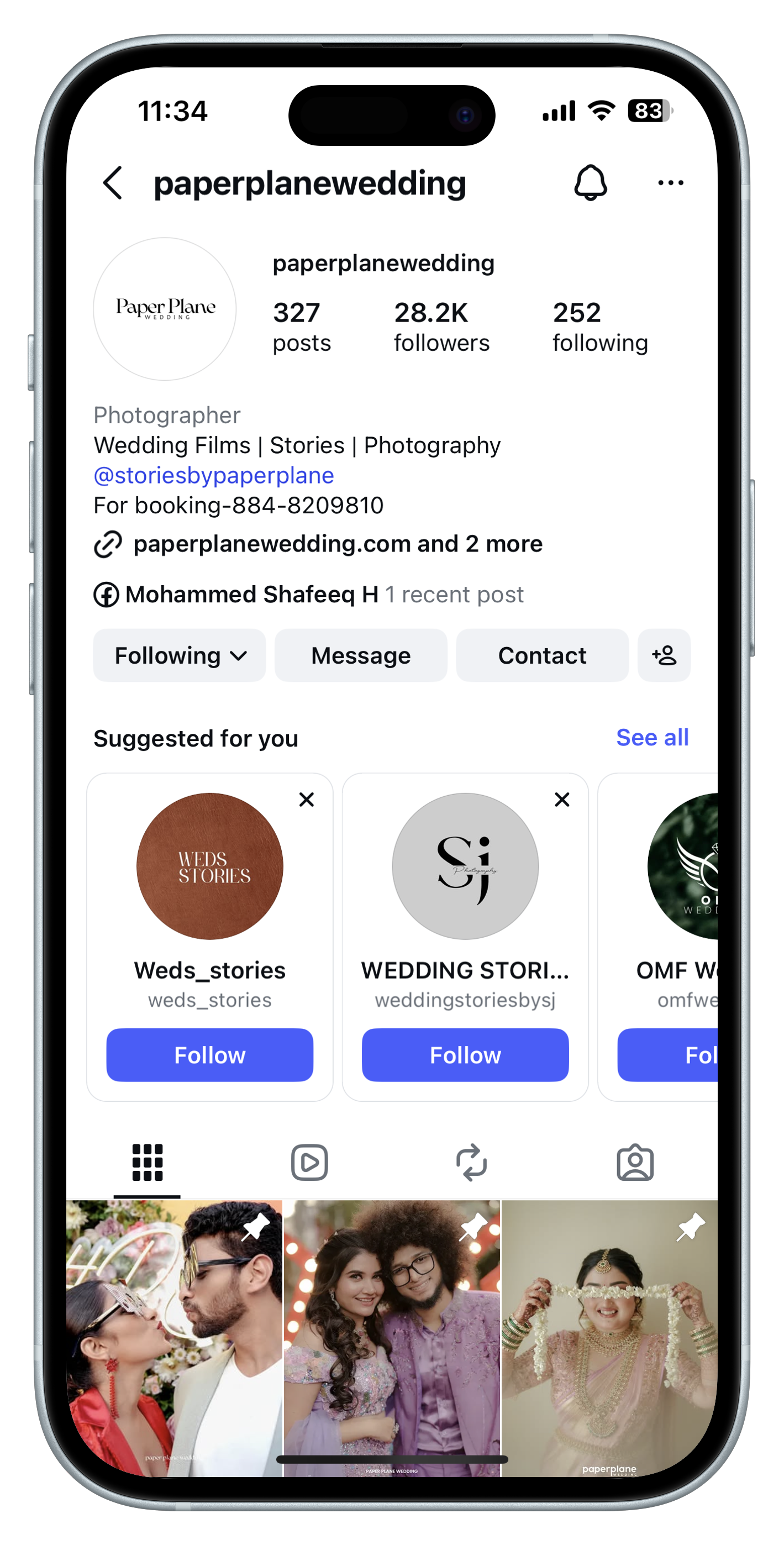 Paperplane Wedding Studio Instagram Mockup showing premium branding and 20k+ followers