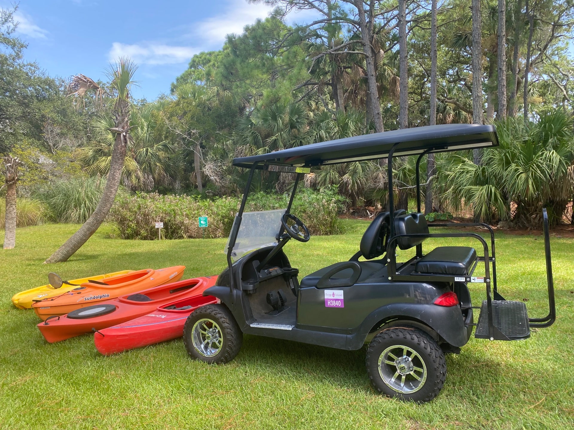 4 seater golf cart & 4 kayaks included with rental.