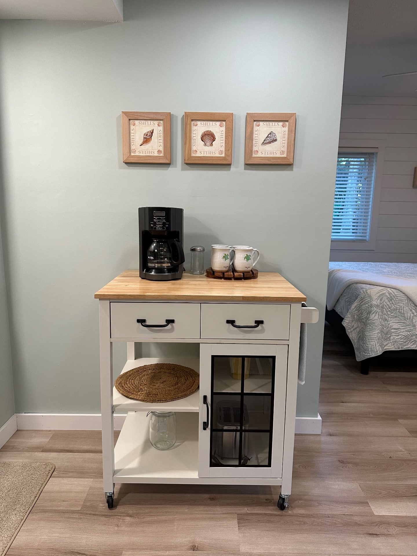Coffee cart with extra storage.