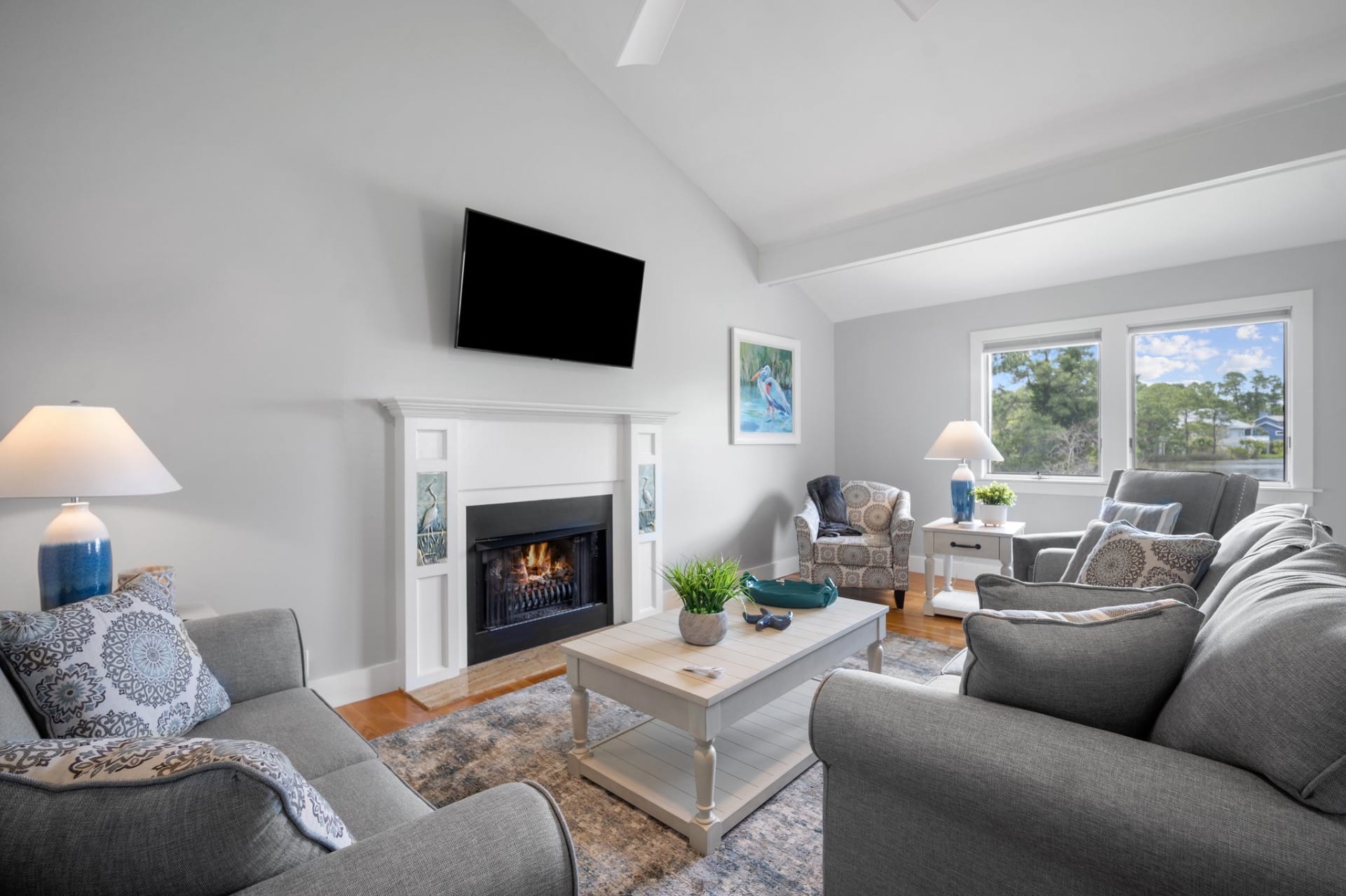Living Room with Fireplace and Deck Access