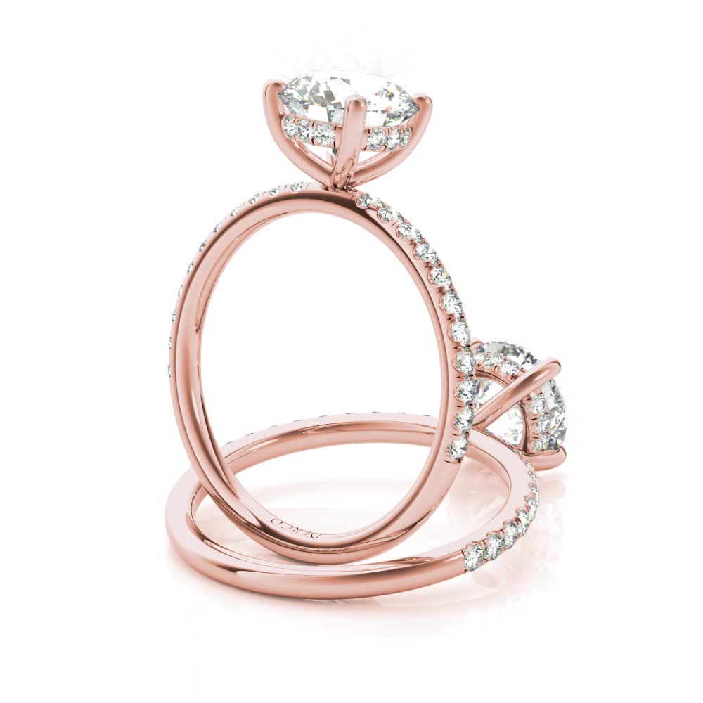 14k rose gold hidden halo engagement ring with round shape diamond