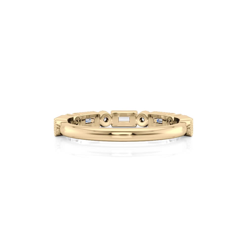 14K Yellow Gold Alternating Round & Baguette Milgrain Diamond Band