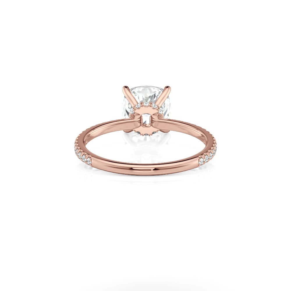 14k rose gold lab petite low hidden halo cushion engagement ring with cushion shape diamond