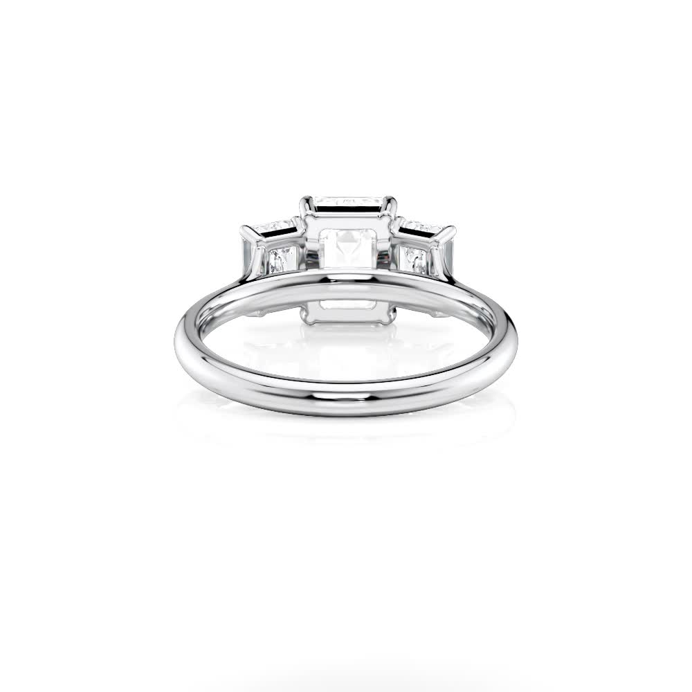 platinum three stone emerald cut lab diamond engagement ring with emerald shape diamond
